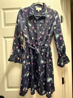 Skies Are Blue Navy Floral Midi Shirt Dress with Tie Waist